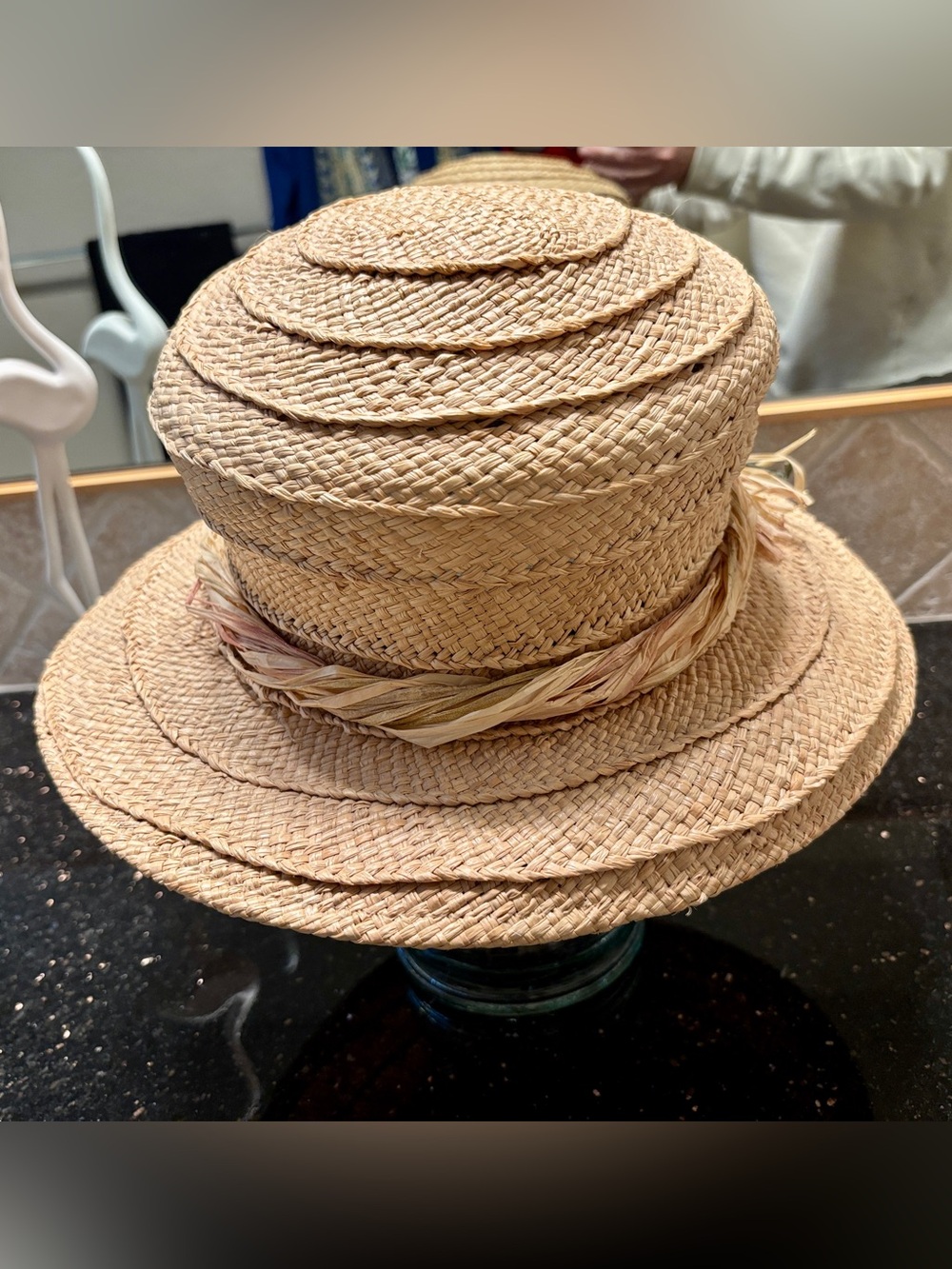 April Cornell Natural Straw Hat with Pink Floral and Raffia Accents - Picture 7 of 10